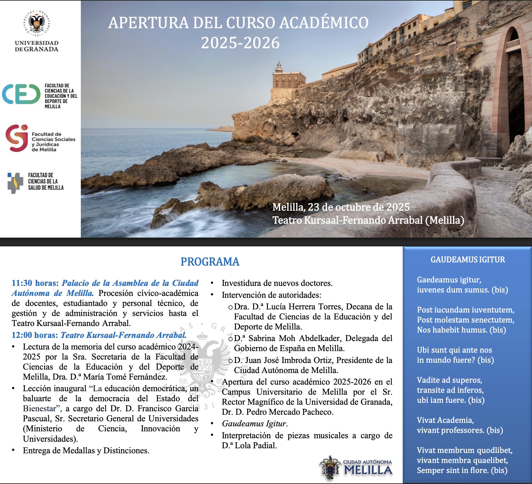 🎓 Apertura Oficial del Curso Académico 2025-2026 de la Universidad de Granada en Melilla